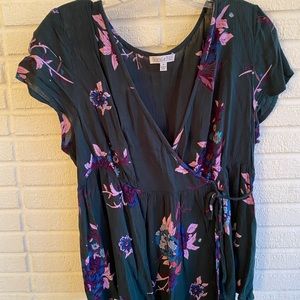 Green Floral Top - Low V Neck and Front Tie Detail